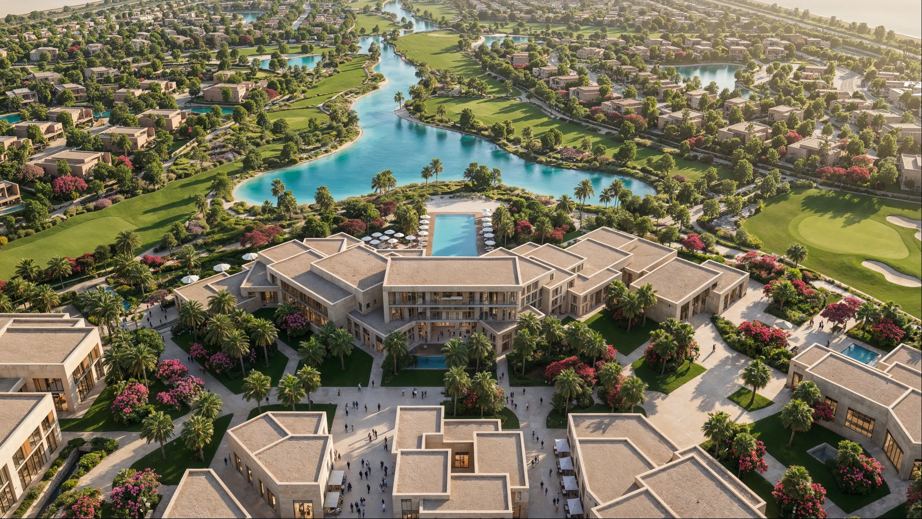 Aerial view of the Abu Dhabi Mira Hills community clubhouse and its pool, the lagoon and golf fairways stretching behind it