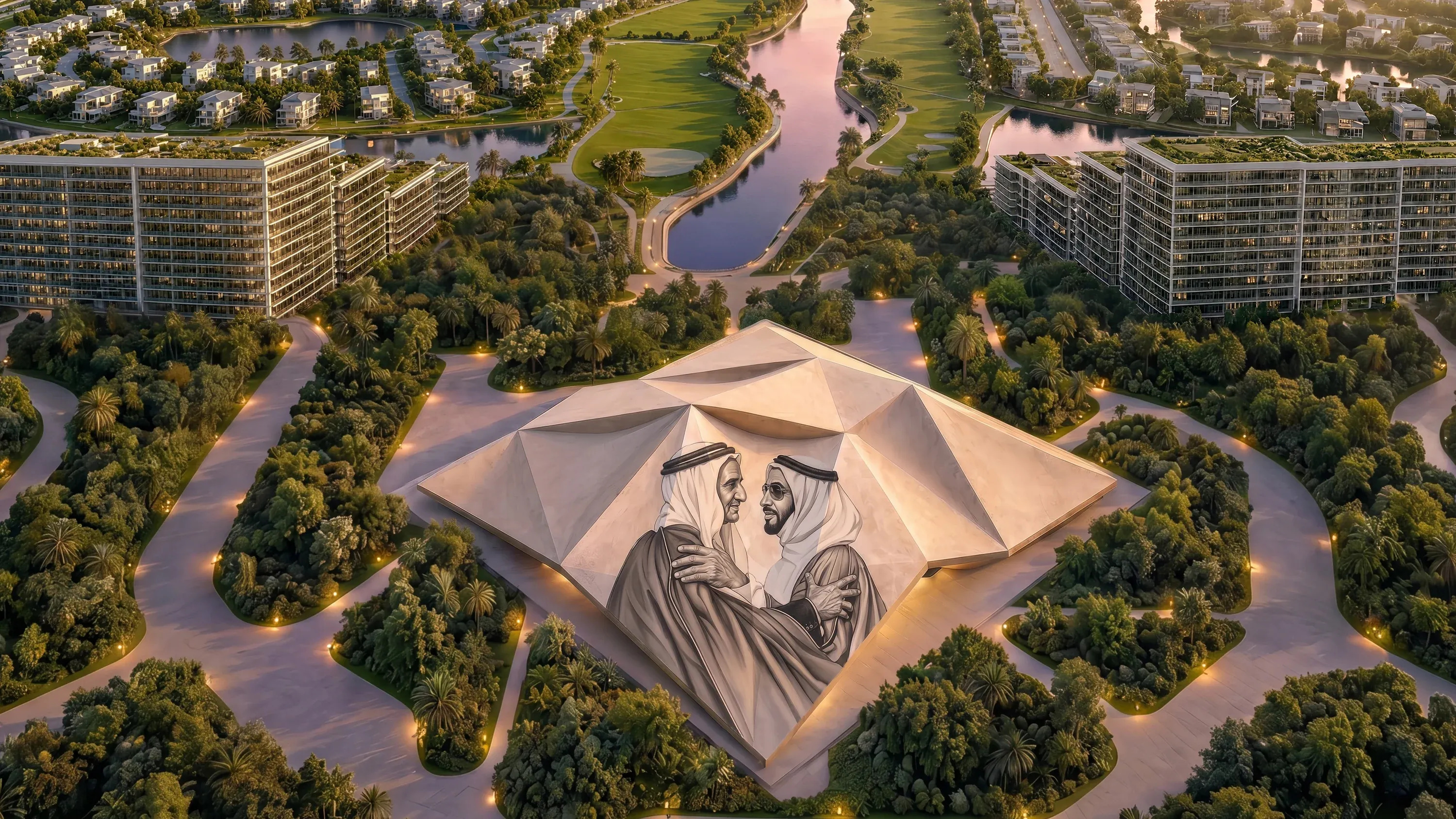 Aerial view of the Museum of the UAE pavilion at Abu Dhabi Mira Hills, its folded roof carrying the portrait of Sheikh Zayed bin Sultan Al Nahyan and Sheikh Rashid bin Saeed Al Maktoum, between the golf lake and terraced residences
