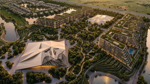 Aerial view of the cultural pavilion at Abu Dhabi Mira Hills beside terraced apartment buildings and a lagoon