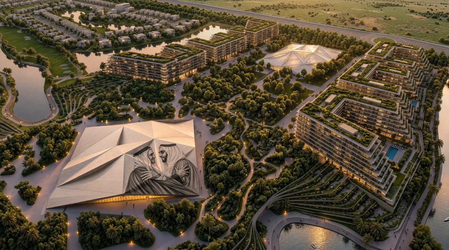 Aerial view of the cultural pavilion at Abu Dhabi Mira Hills beside terraced apartment buildings and a lagoon