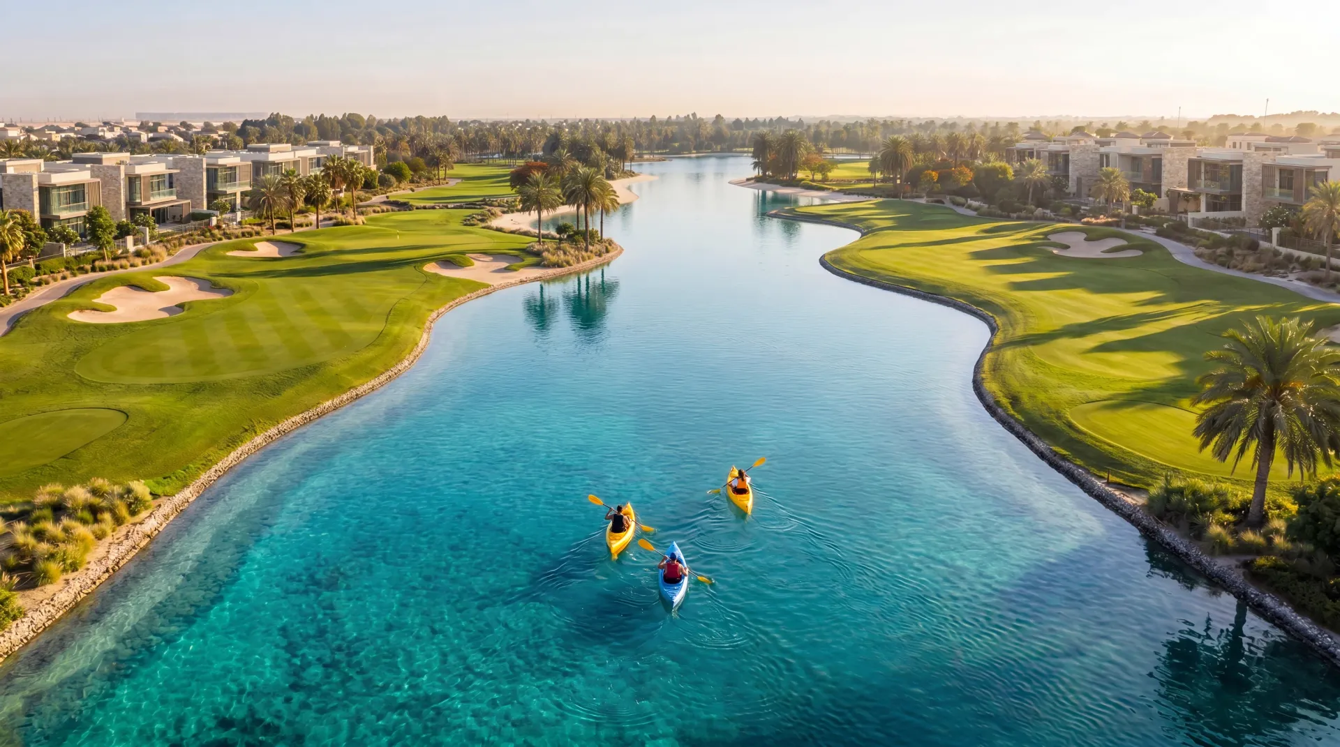 Kayakers on the turquoise golf-course lake at Abu Dhabi Mira Hills, fairways and villas along both banks