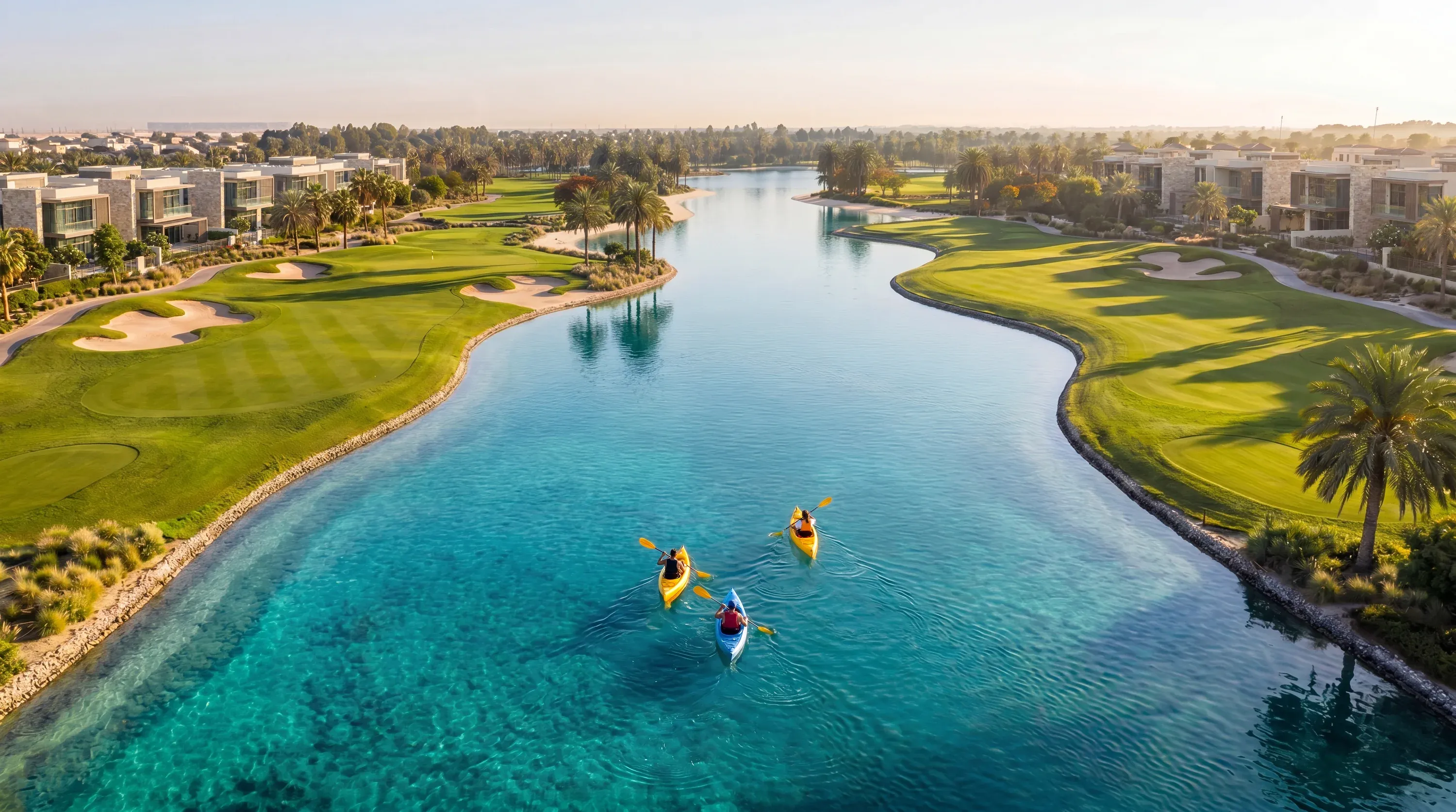 Kayakers on the turquoise golf-course lake at Abu Dhabi Mira Hills, fairways and villas along both banks