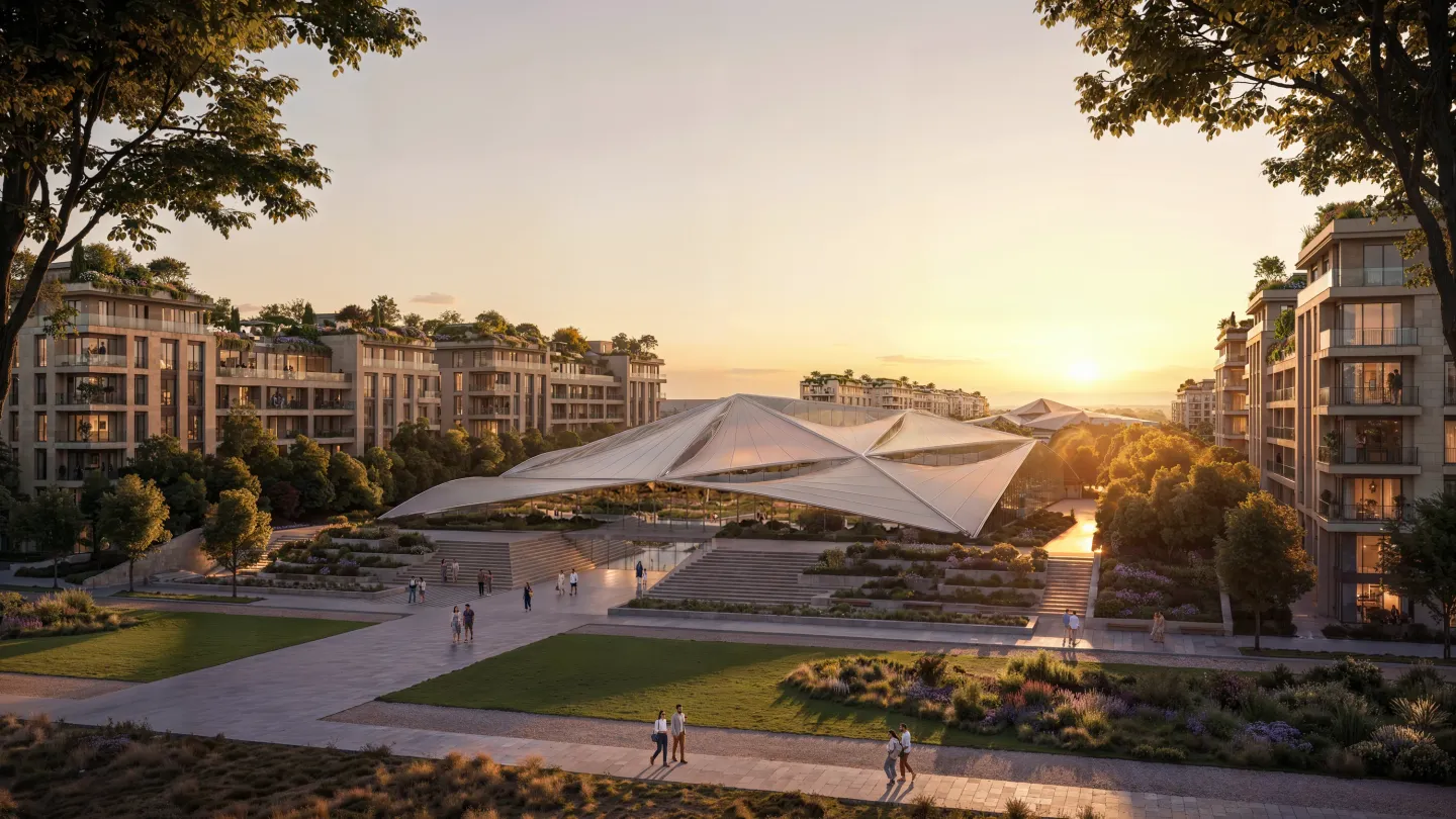 The event pavilion in the Abu Dhabi Mira Hills central park at sunset, apartment buildings on either side