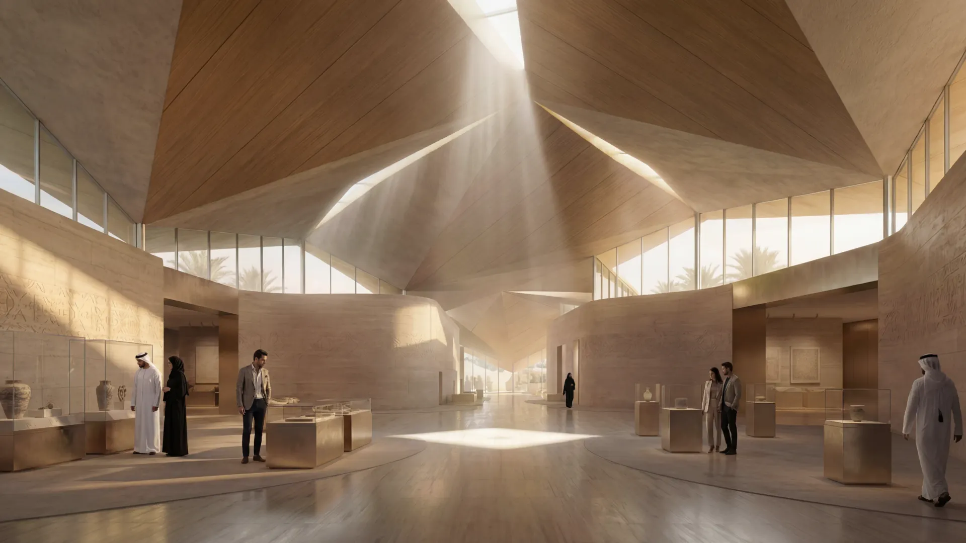 The exhibition hall inside the Abu Dhabi Mira Hills cultural pavilion, daylight through the folded roof