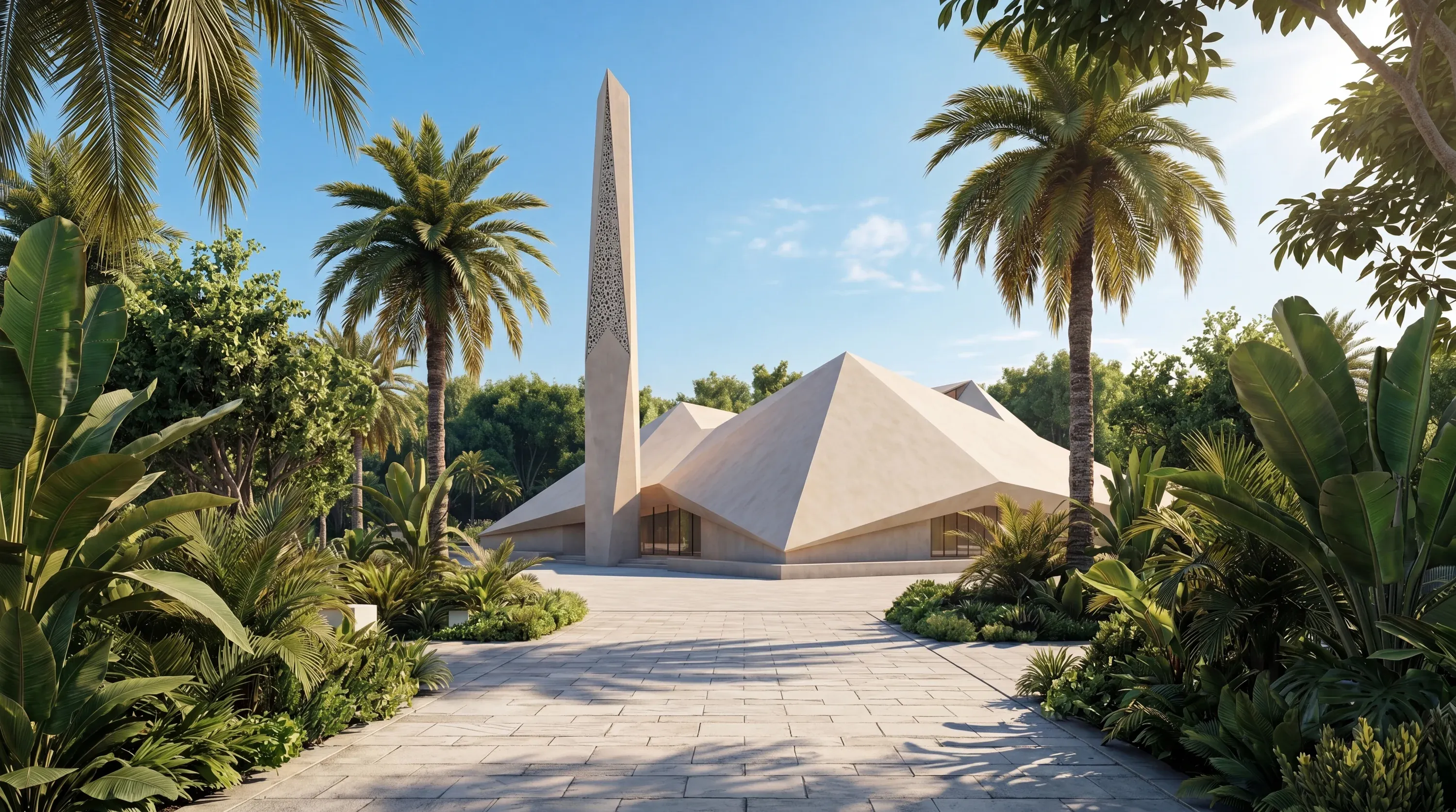 The Museum of the UAE pavilion and its obelisk at Abu Dhabi Mira Hills by day, palms around the plaza