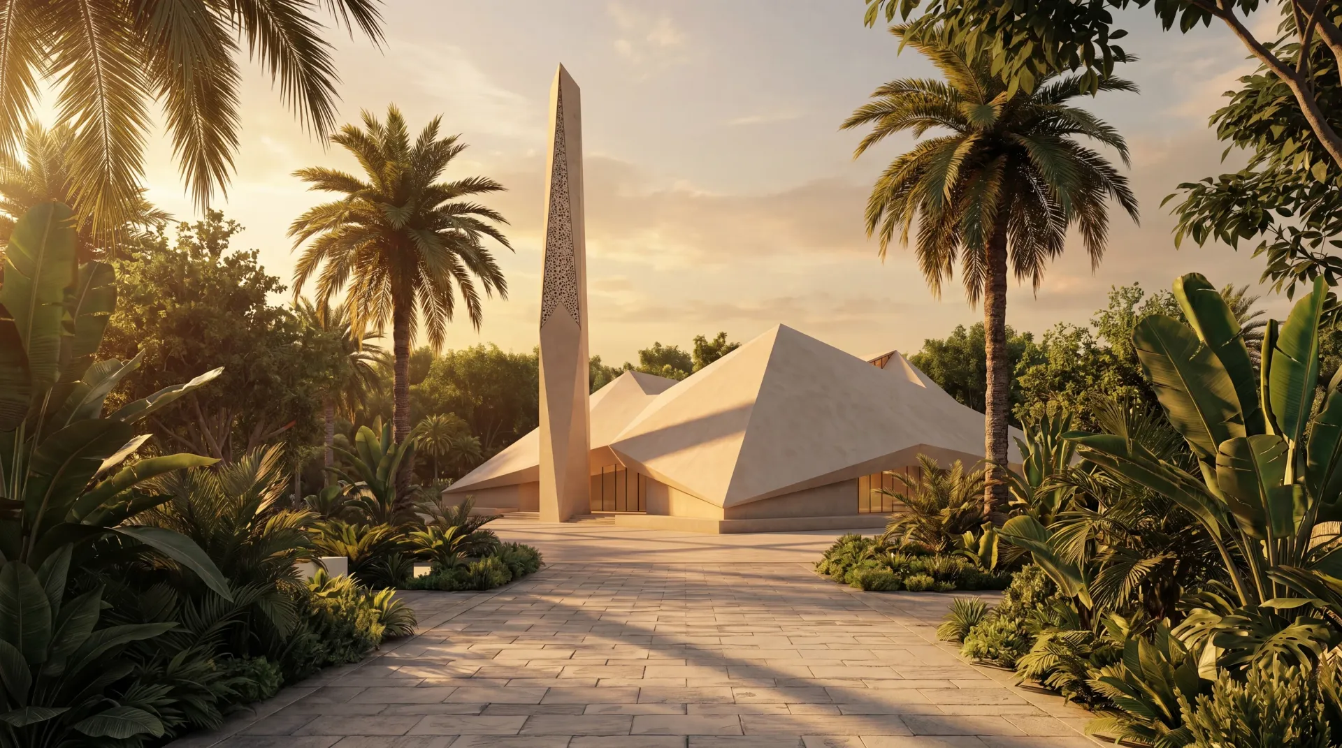The Museum of the UAE pavilion and its obelisk at Abu Dhabi Mira Hills at sunset, palms around the plaza
