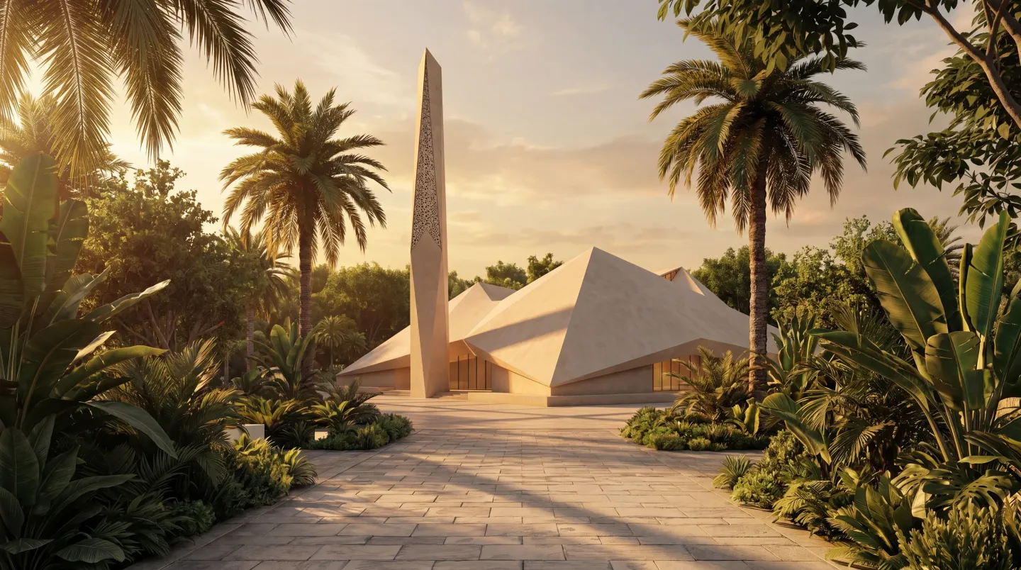 The Museum of the UAE pavilion and its obelisk at Abu Dhabi Mira Hills at sunset, palms around the plaza