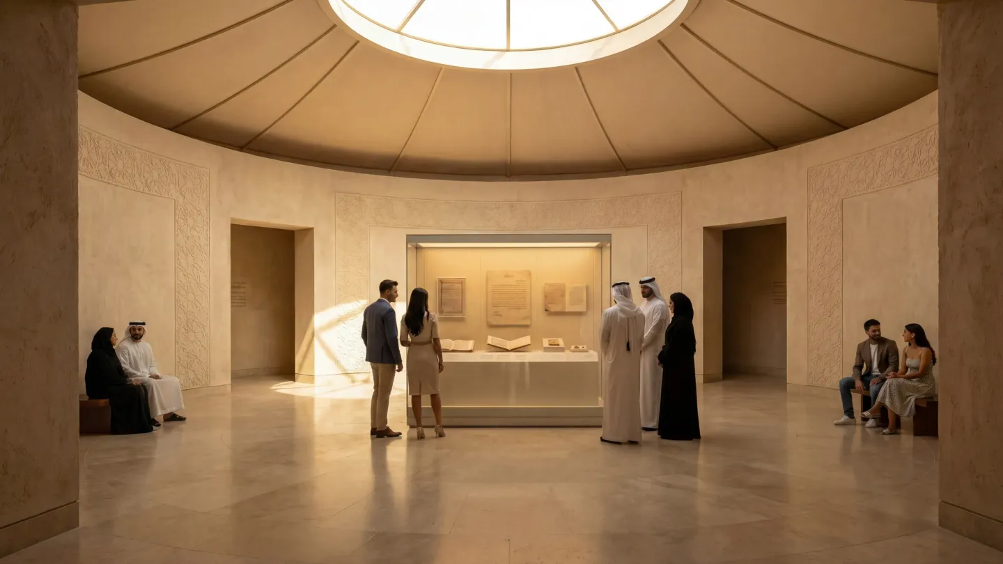 The domed rotunda gallery inside the Abu Dhabi Mira Hills cultural pavilion, visitors at the display cases