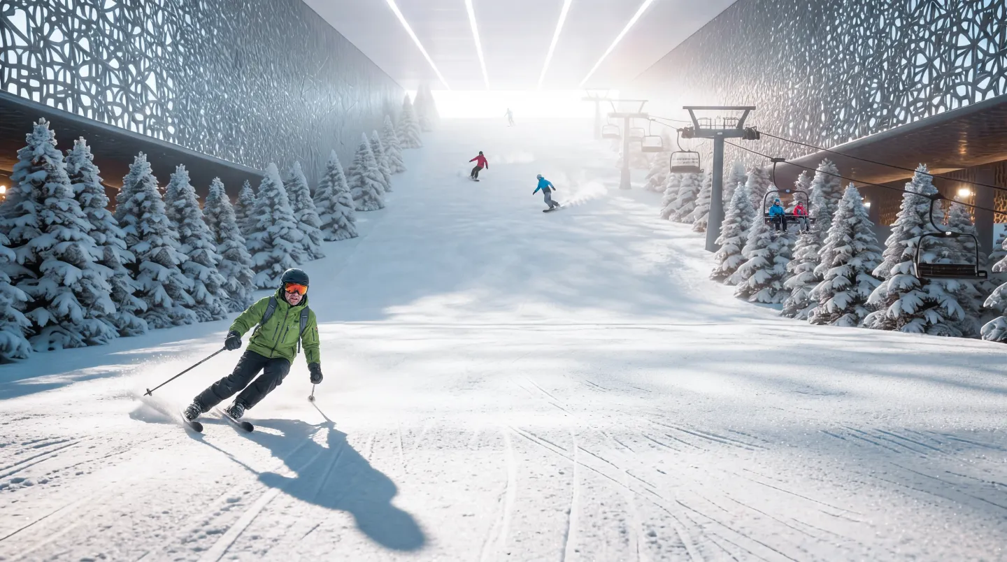 Skiers on the indoor ski slope at Abu Dhabi Mira Hills, snow-covered firs under a patterned roof