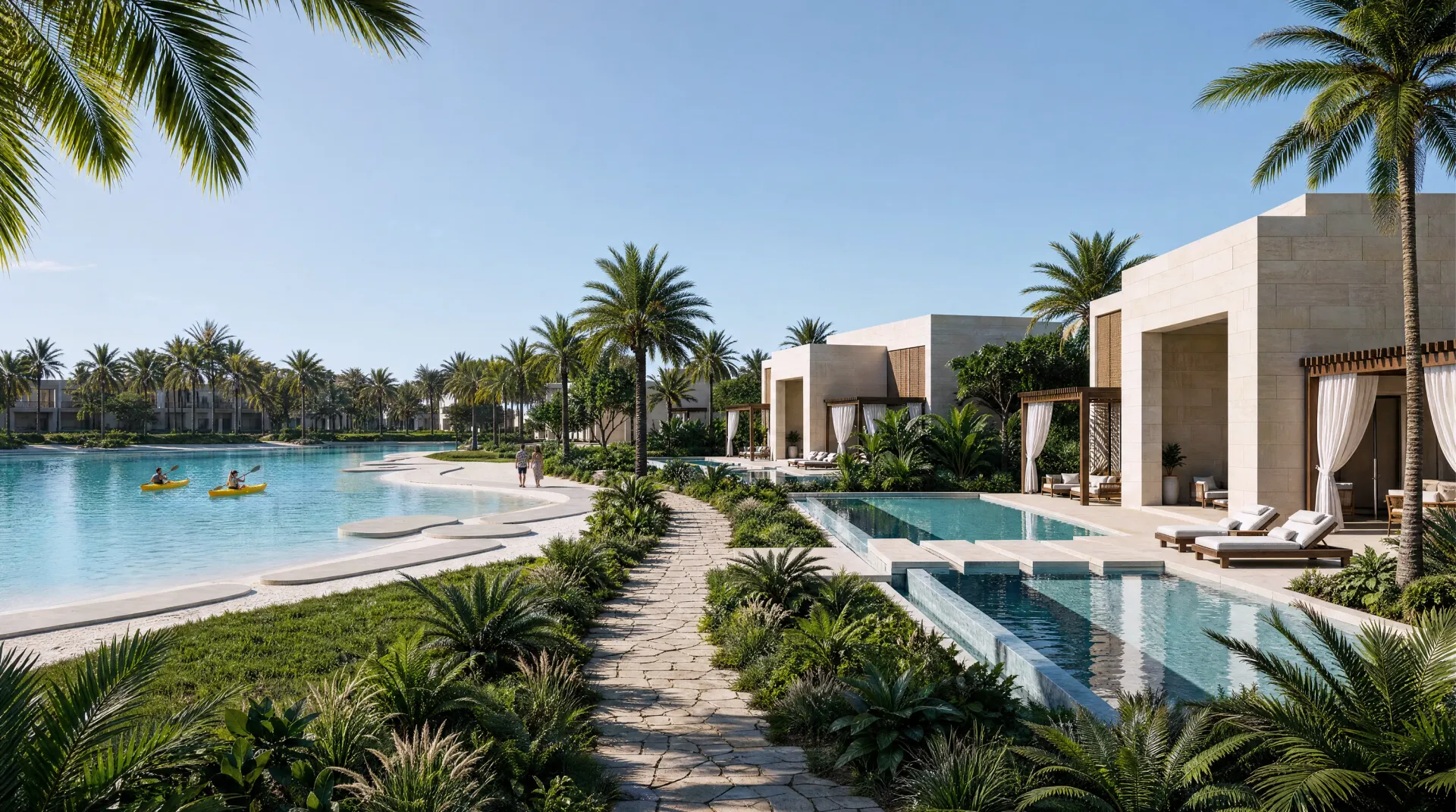 A crystal lagoon beach at Abu Dhabi Mira Hills, waterfront villas with private pools along the shore