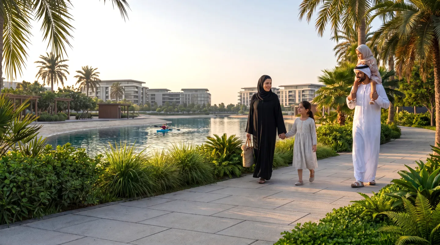 A family walking the lakeside promenade at Abu Dhabi Mira Hills, apartment buildings across the water