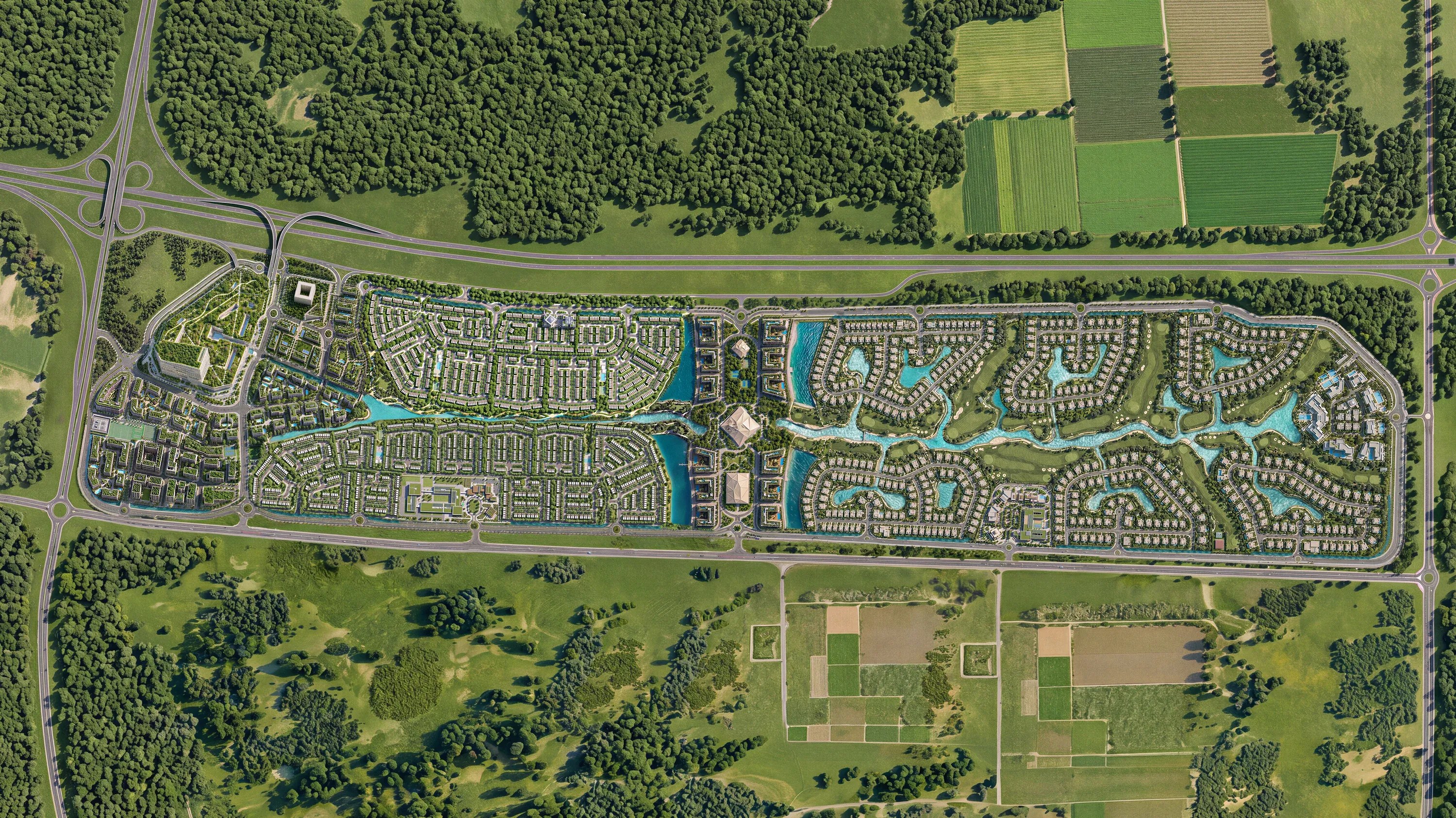 The Abu Dhabi Mira Hills master plan from above: residential districts, lagoons and the golf course laid out in a long band beside the highway