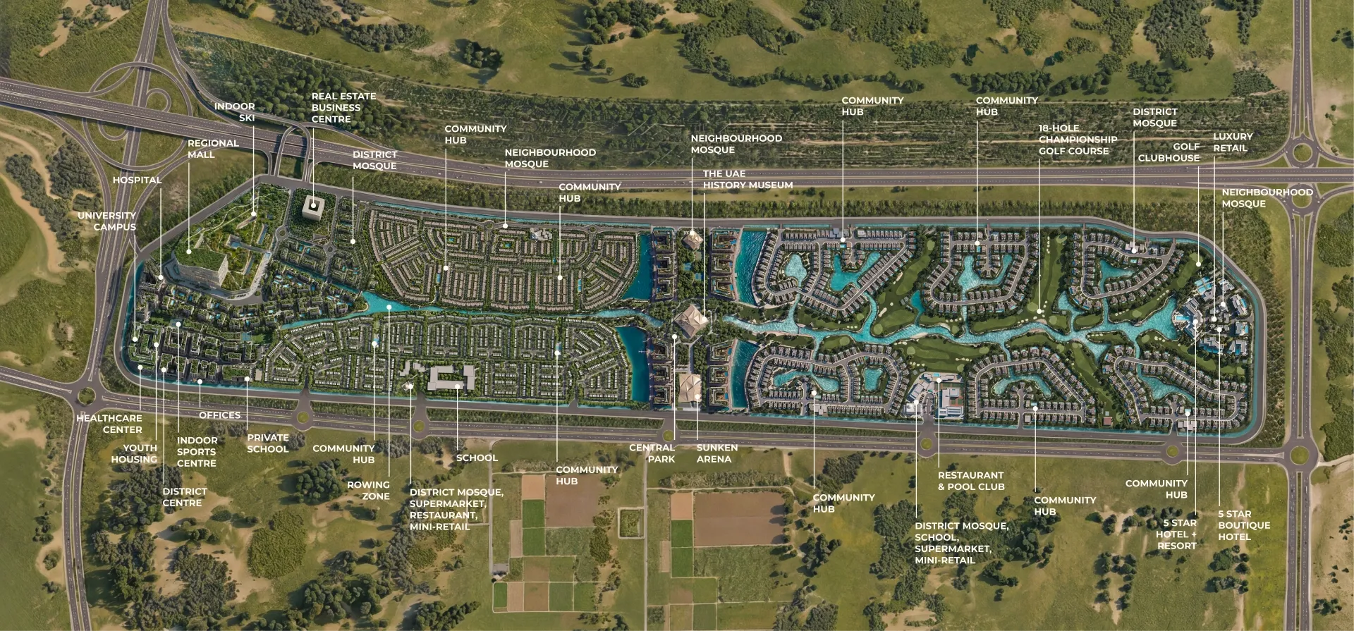Annotated aerial master plan of Abu Dhabi Mira Hills: the university campus, hospital and regional mall at the western end, residential districts and community hubs along the centre, the golf course, lagoons and hotels to the east, the highway along the northern edge