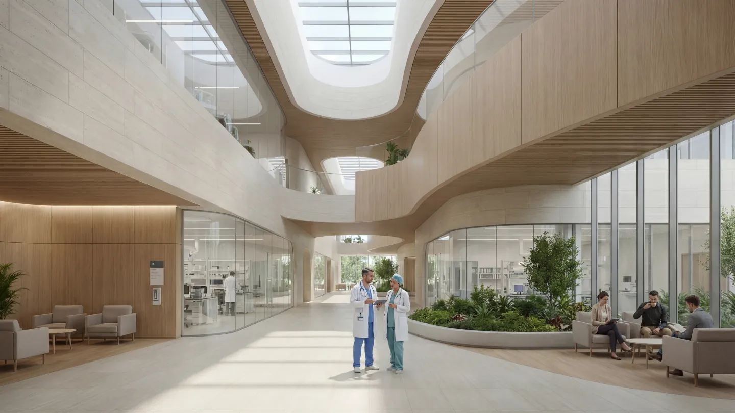 The atrium of the Abu Dhabi Mira Hills medical centre, curved timber balconies around a planted courtyard