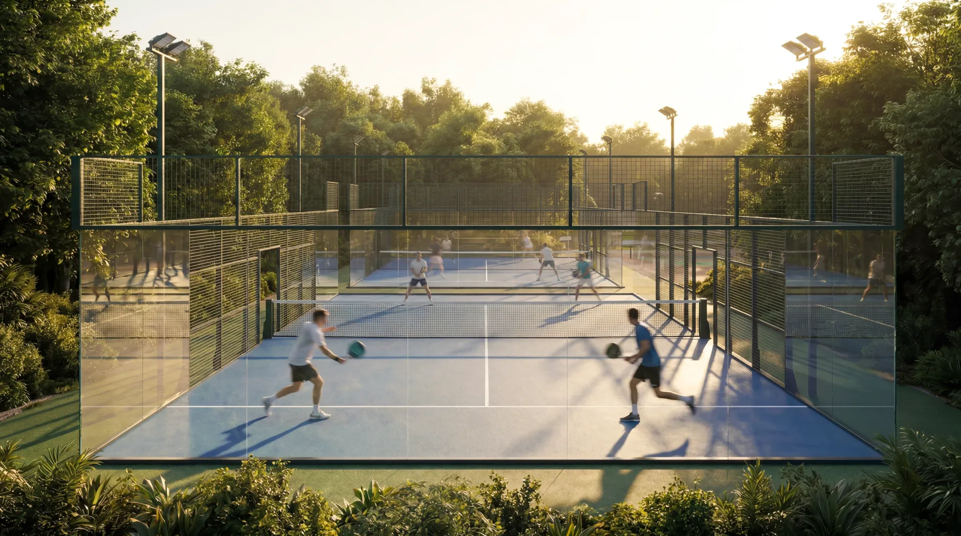 Players on the padel courts at Abu Dhabi Mira Hills at golden hour, trees behind the glass walls