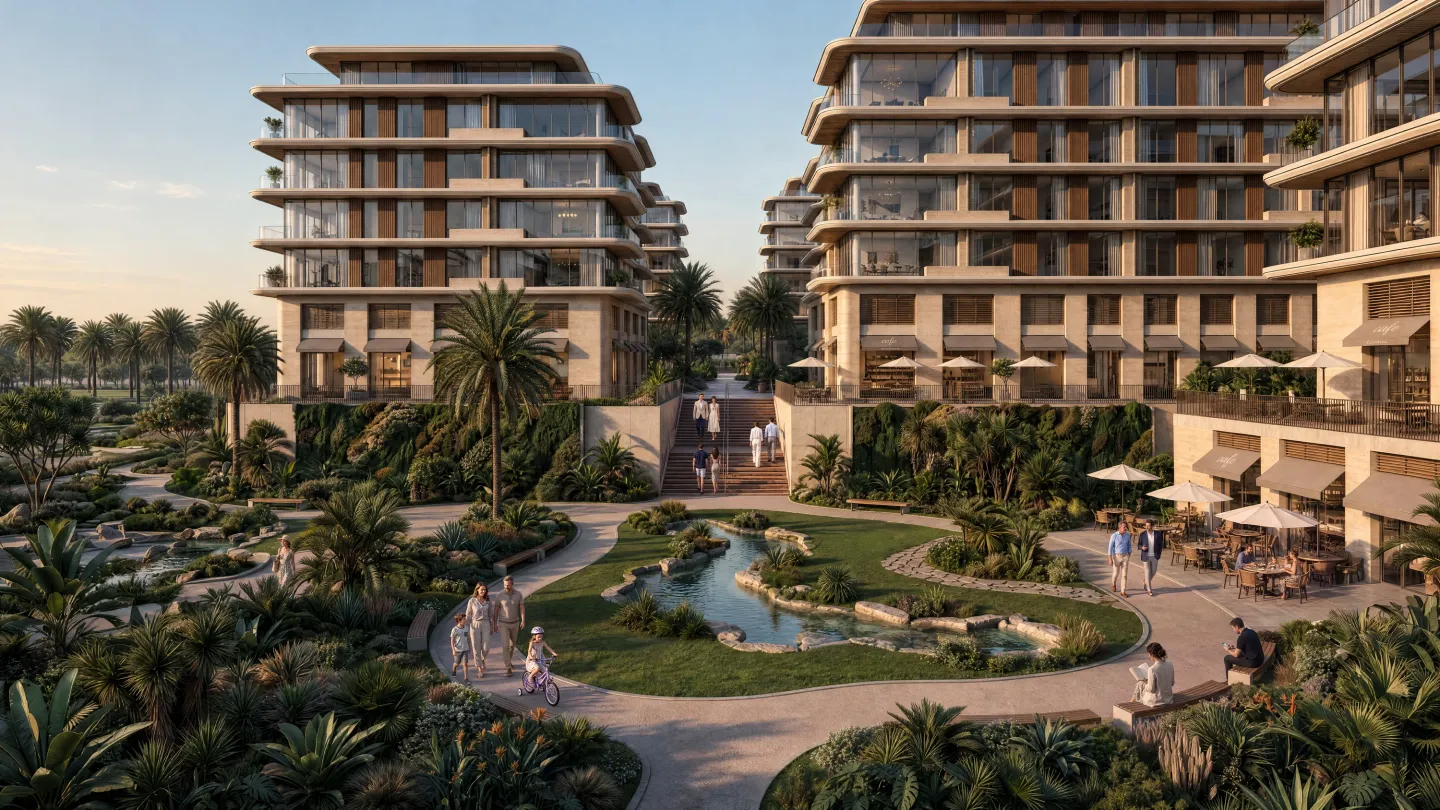 Apartment buildings at Abu Dhabi Mira Hills around a garden courtyard with a stream, families on the paths