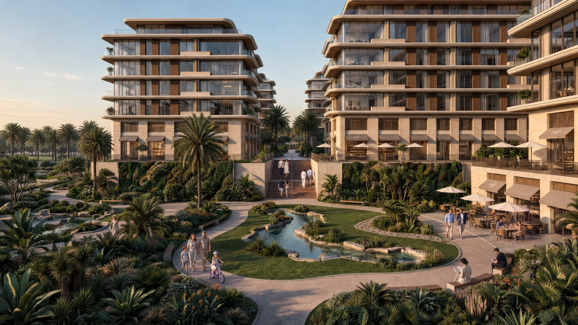 Apartment buildings at Abu Dhabi Mira Hills around a garden courtyard with a stream, families on the paths