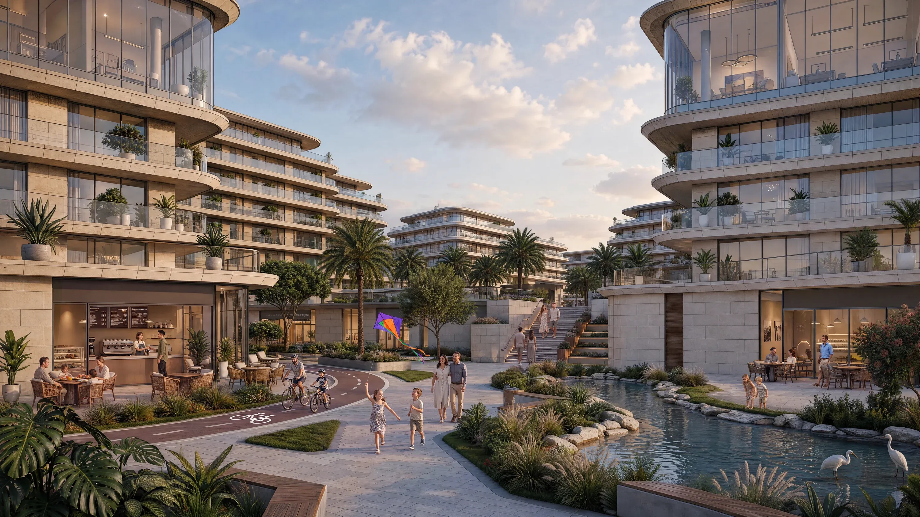 Apartment buildings at Abu Dhabi Mira Hills around a landscaped waterfront promenade with cafés and a play area