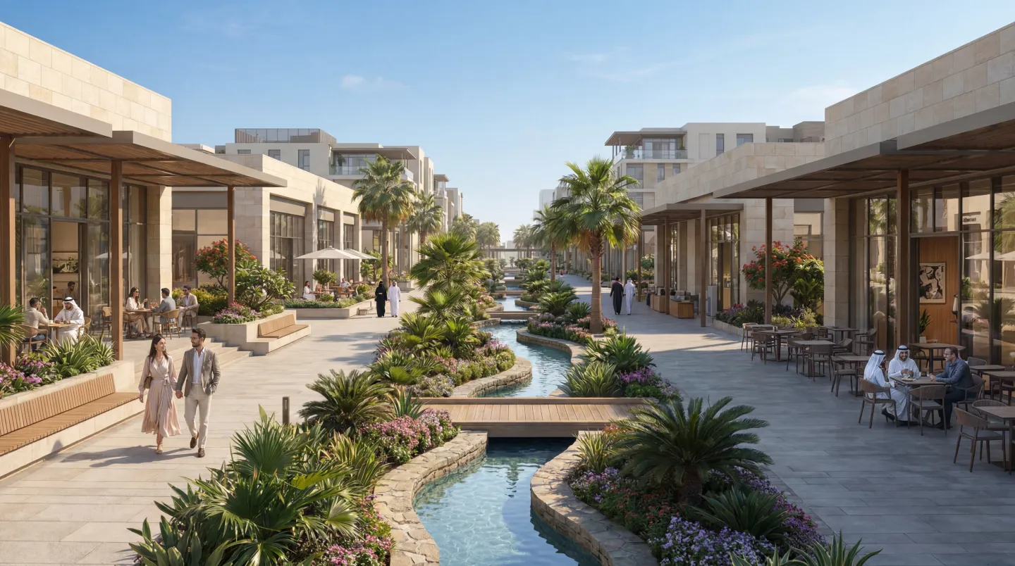 The retail boulevard at Abu Dhabi Mira Hills, cafés and shopfronts along a planted water canal