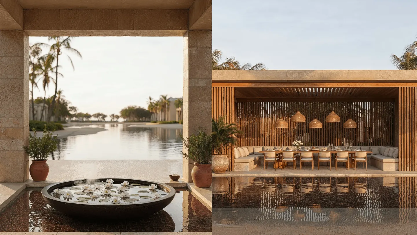 The spa water court and poolside dining pavilion at Abu Dhabi Mira Hills at sunset