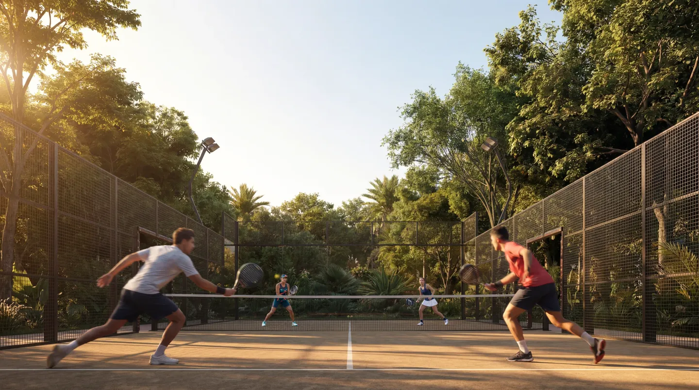 A tennis match at Abu Dhabi Mira Hills at sunset, trees around the court