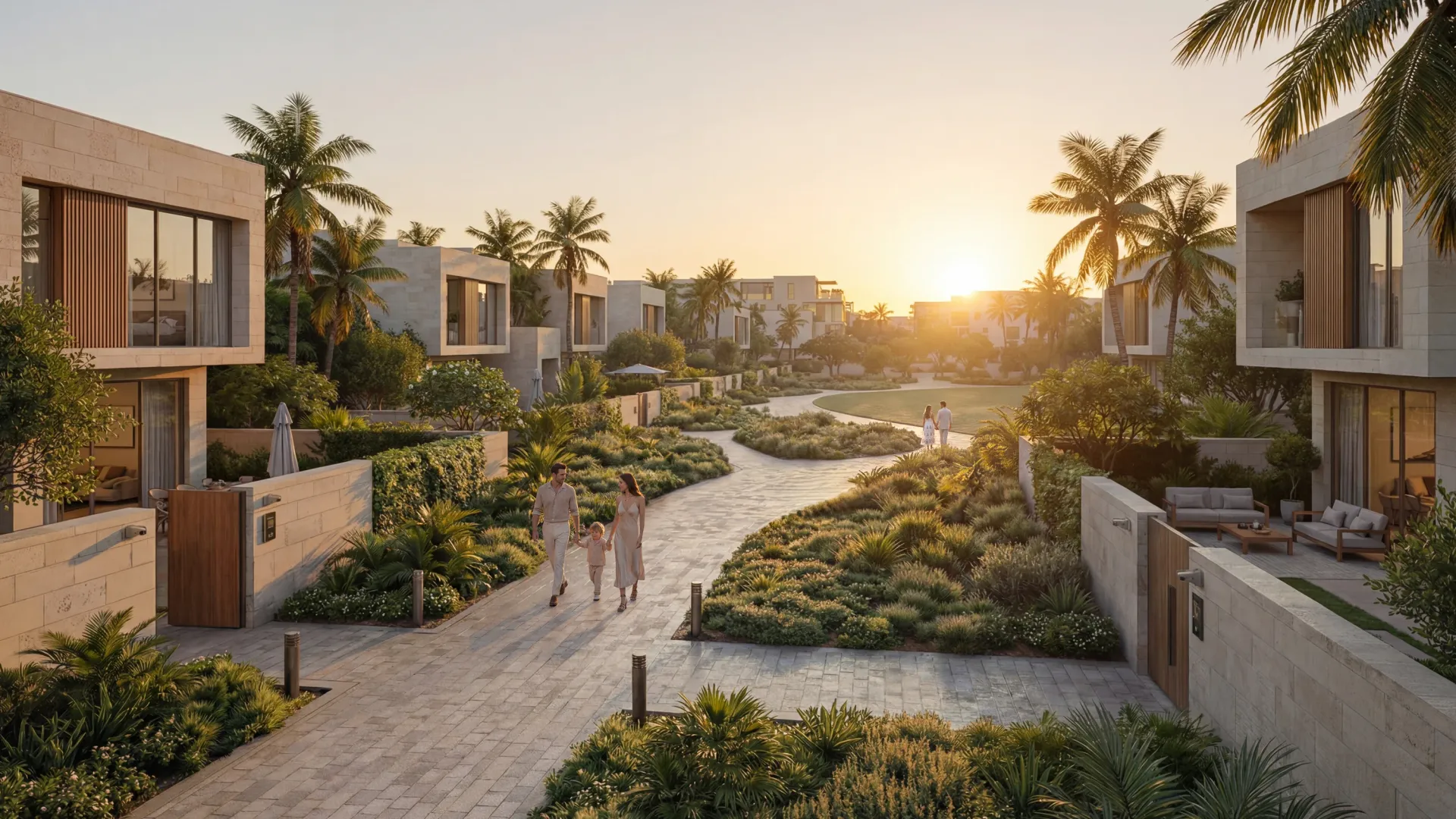 A townhouse street at Abu Dhabi Mira Hills at sunset, planted walkways between the stone-clad homes