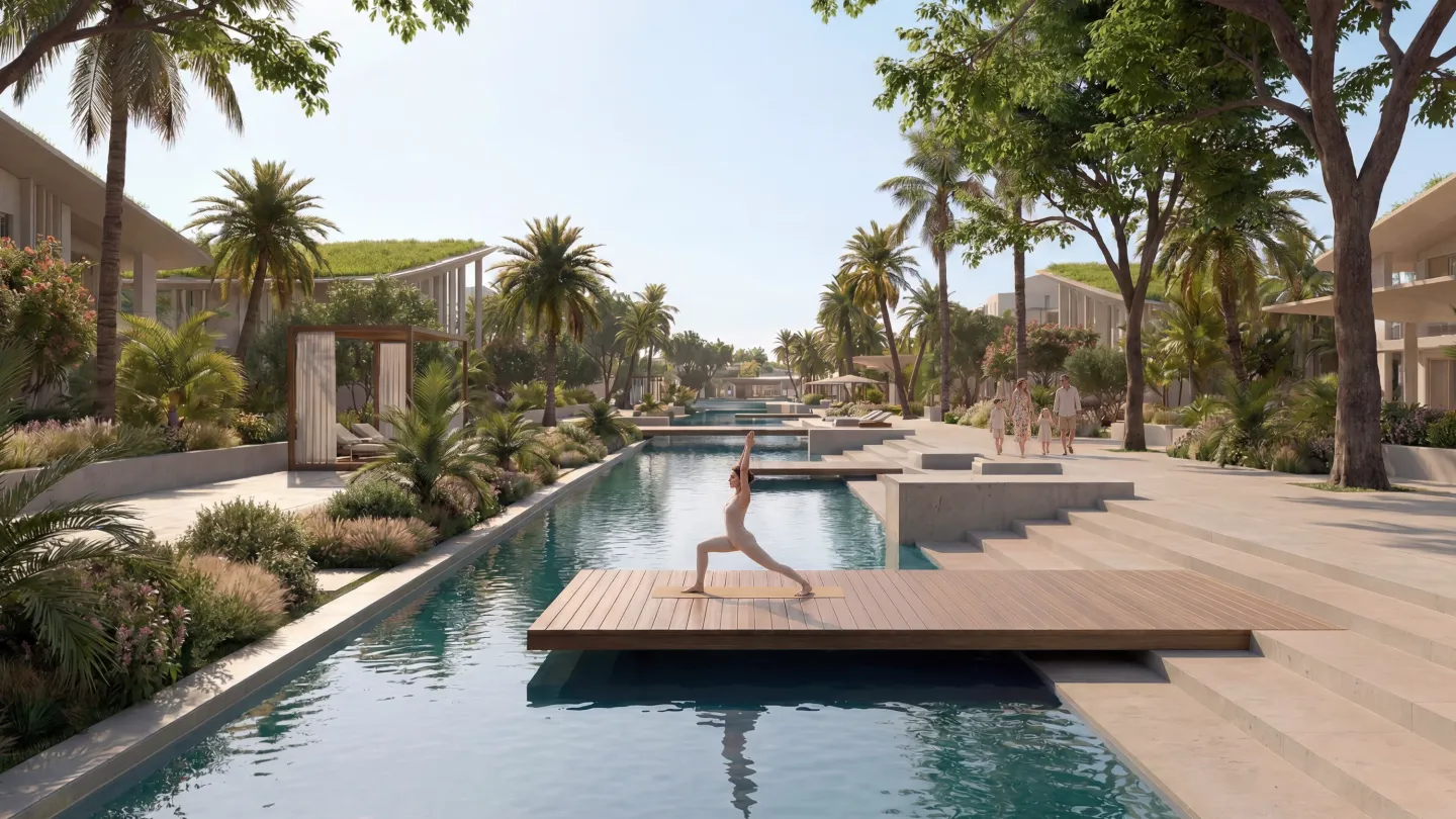 A yoga deck over the wellness pool at Abu Dhabi Mira Hills, trees and residences around it